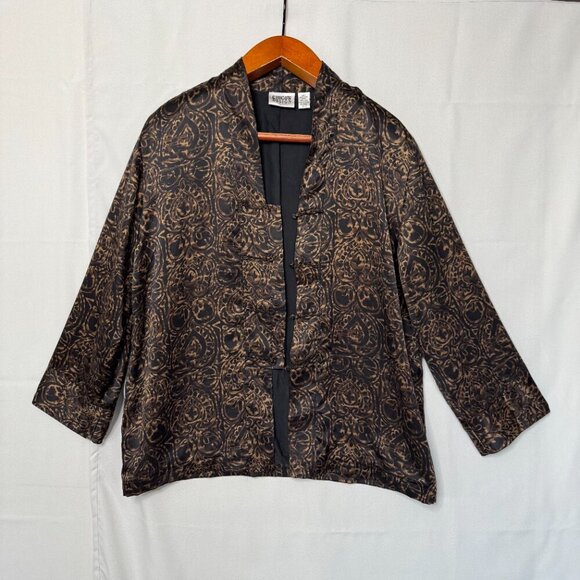 Vintage Chicos Design 100% Silk Brown Tan Black Filigree Print Tunic Jacket - Picture 5 of 11